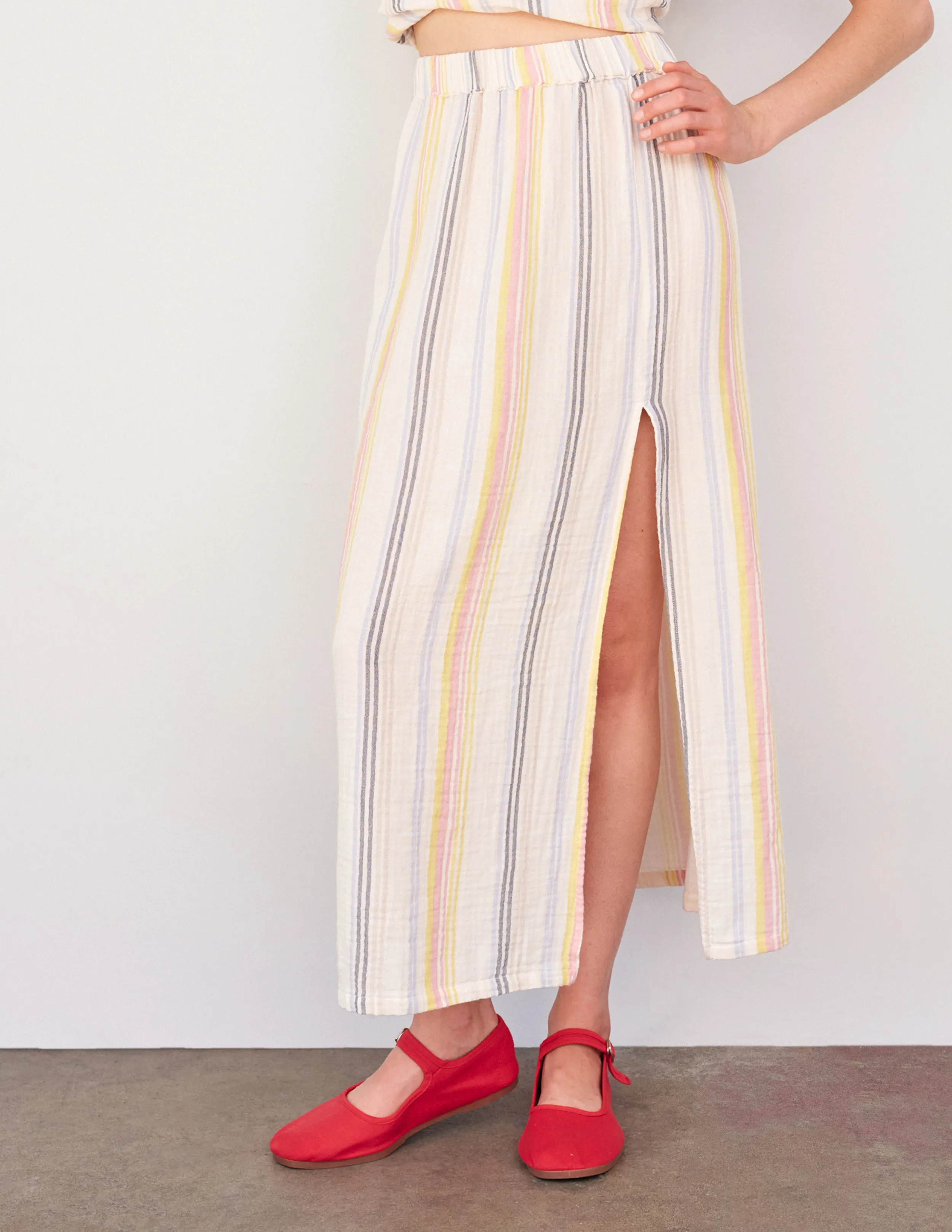 Sundry Halter Top & Long Skirt with Slit Set in Cream/Multi Stripes