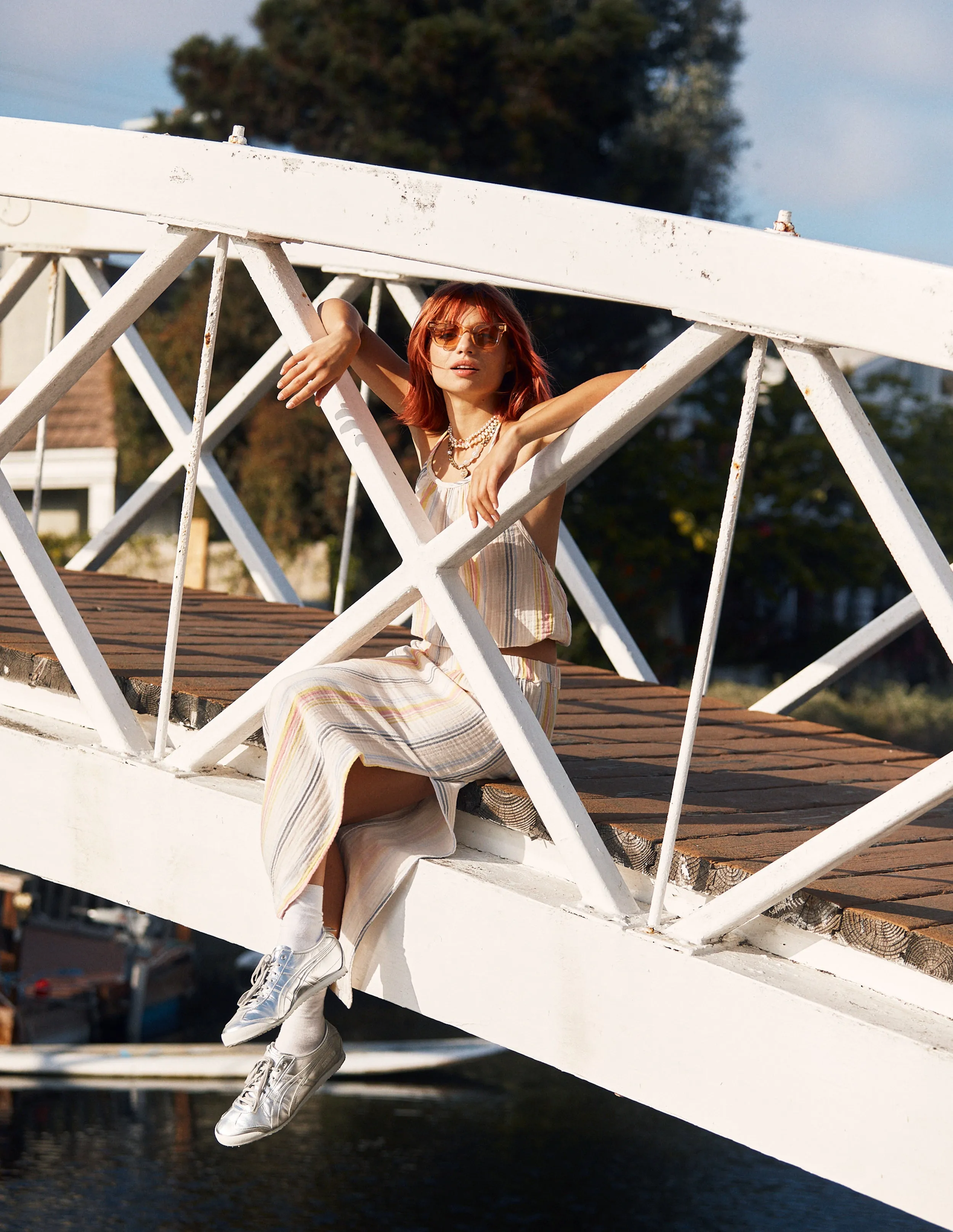 Sundry Halter Top & Long Skirt with Slit Set in Cream/Multi Stripes