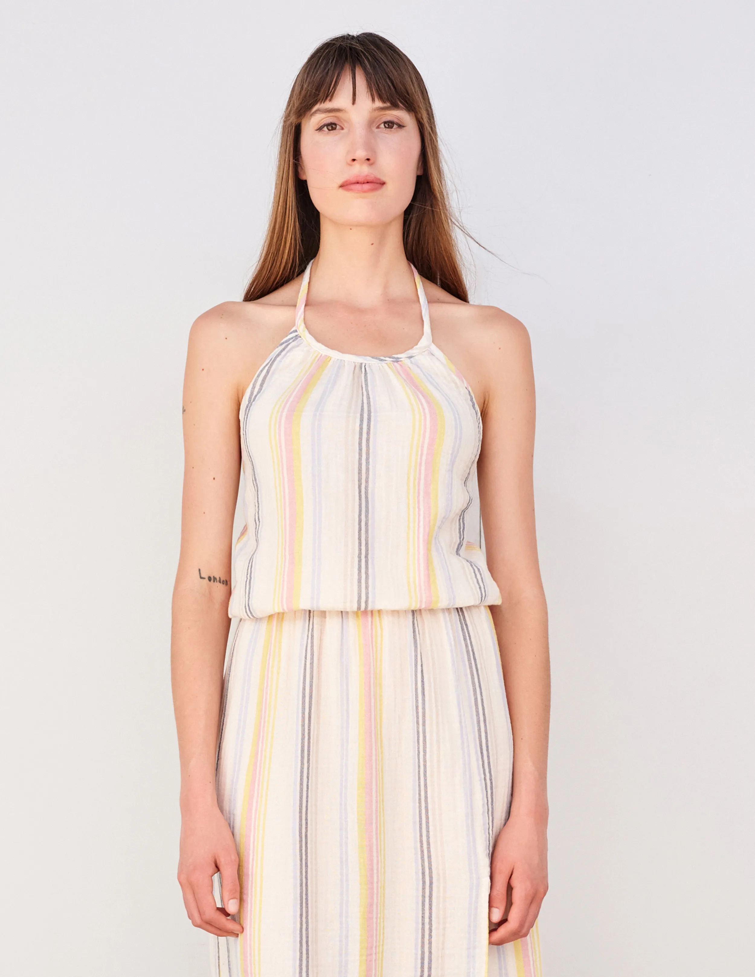 Sundry Halter Top & Long Skirt with Slit Set in Cream/Multi Stripes