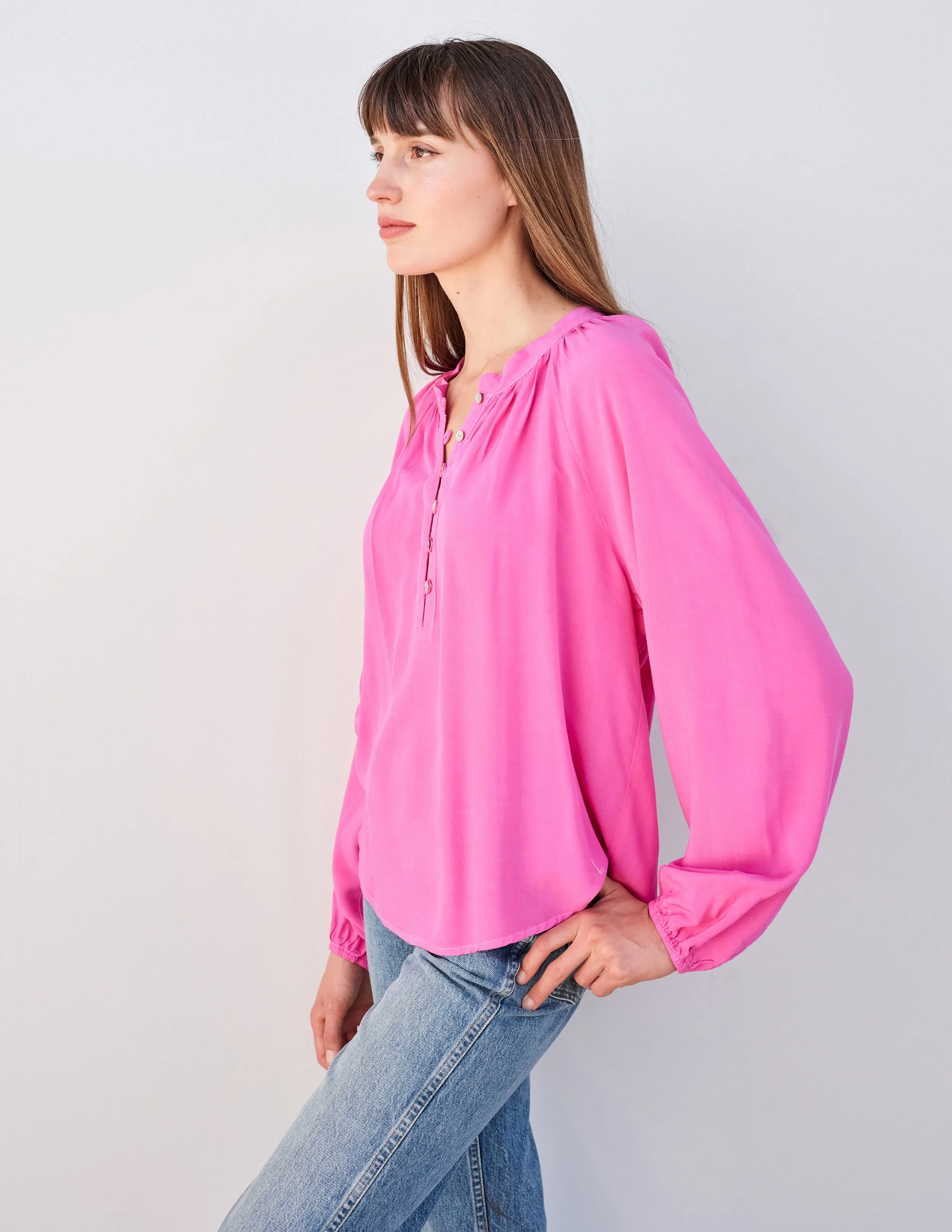 Sundry Smock Waist Wide Leg Pant & Long Sleeve Flowy Blouse Set in Magenta
