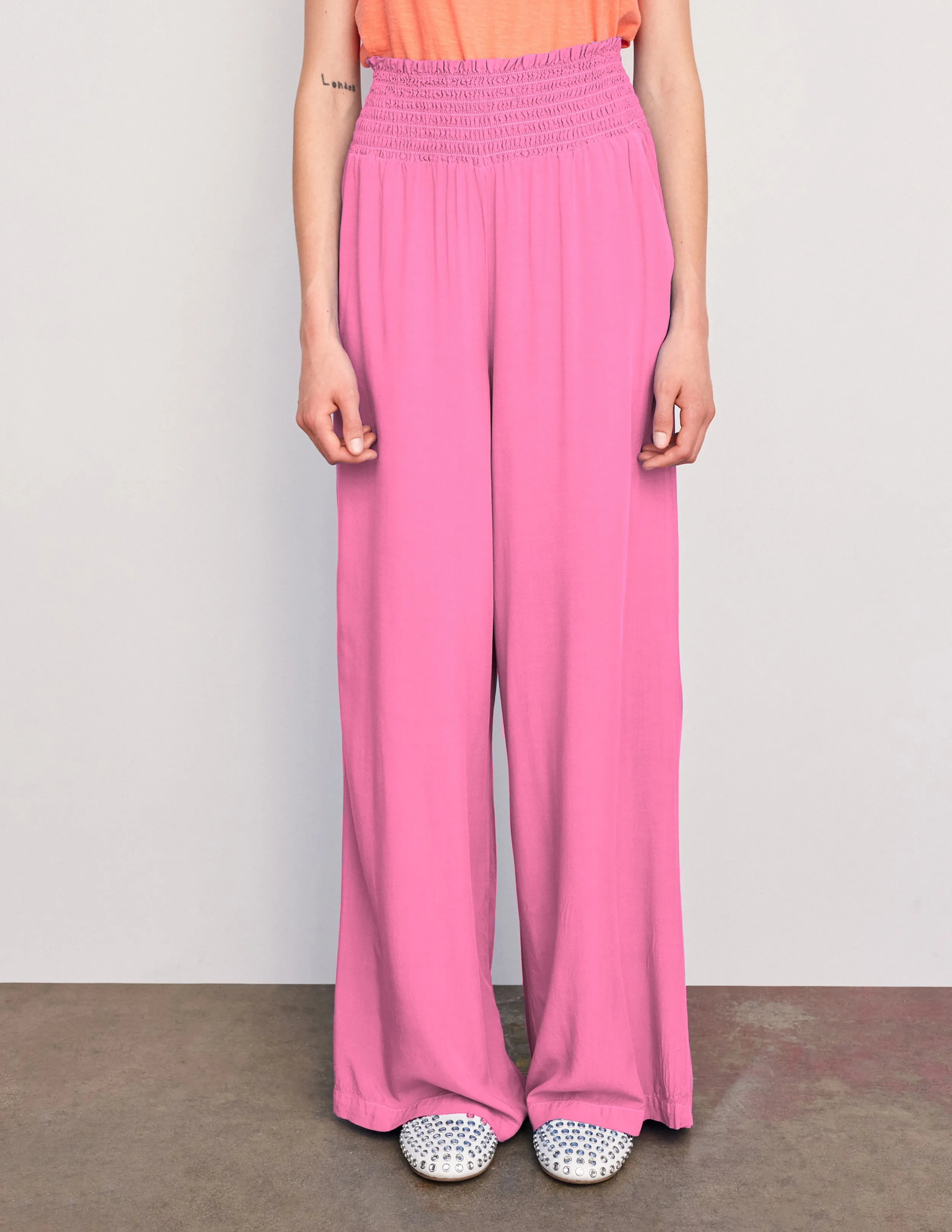 Sundry Smock Waist Wide Leg Pant & Long Sleeve Flowy Blouse Set in Magenta