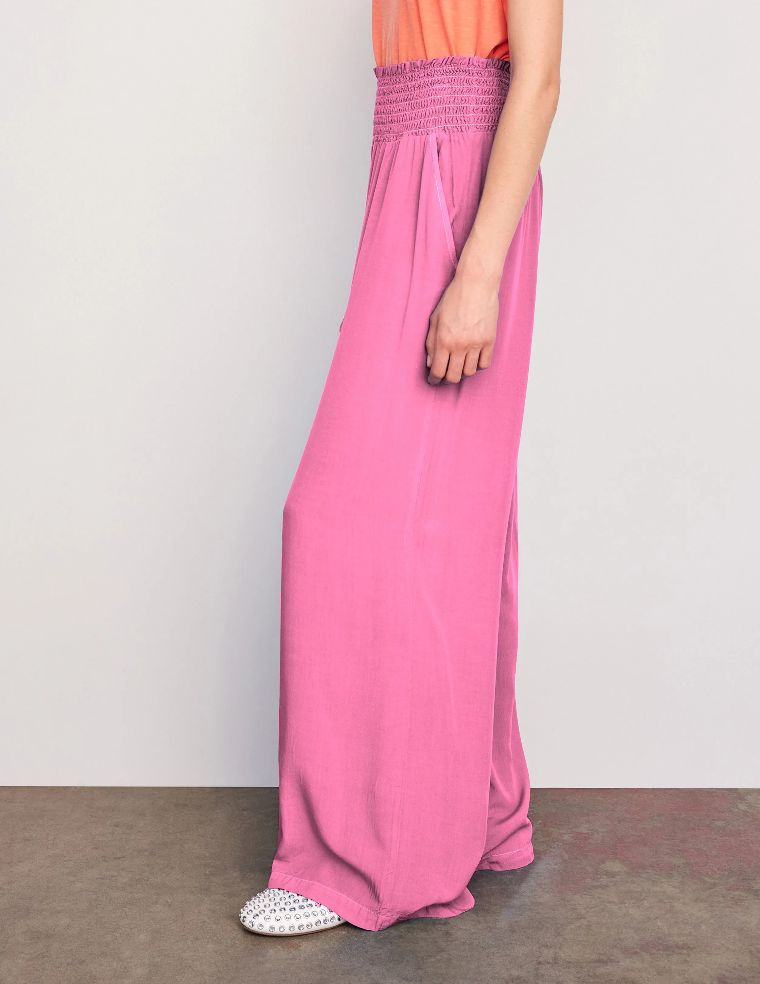 Sundry Smock Waist Wide Leg Pant & Long Sleeve Flowy Blouse Set in Magenta