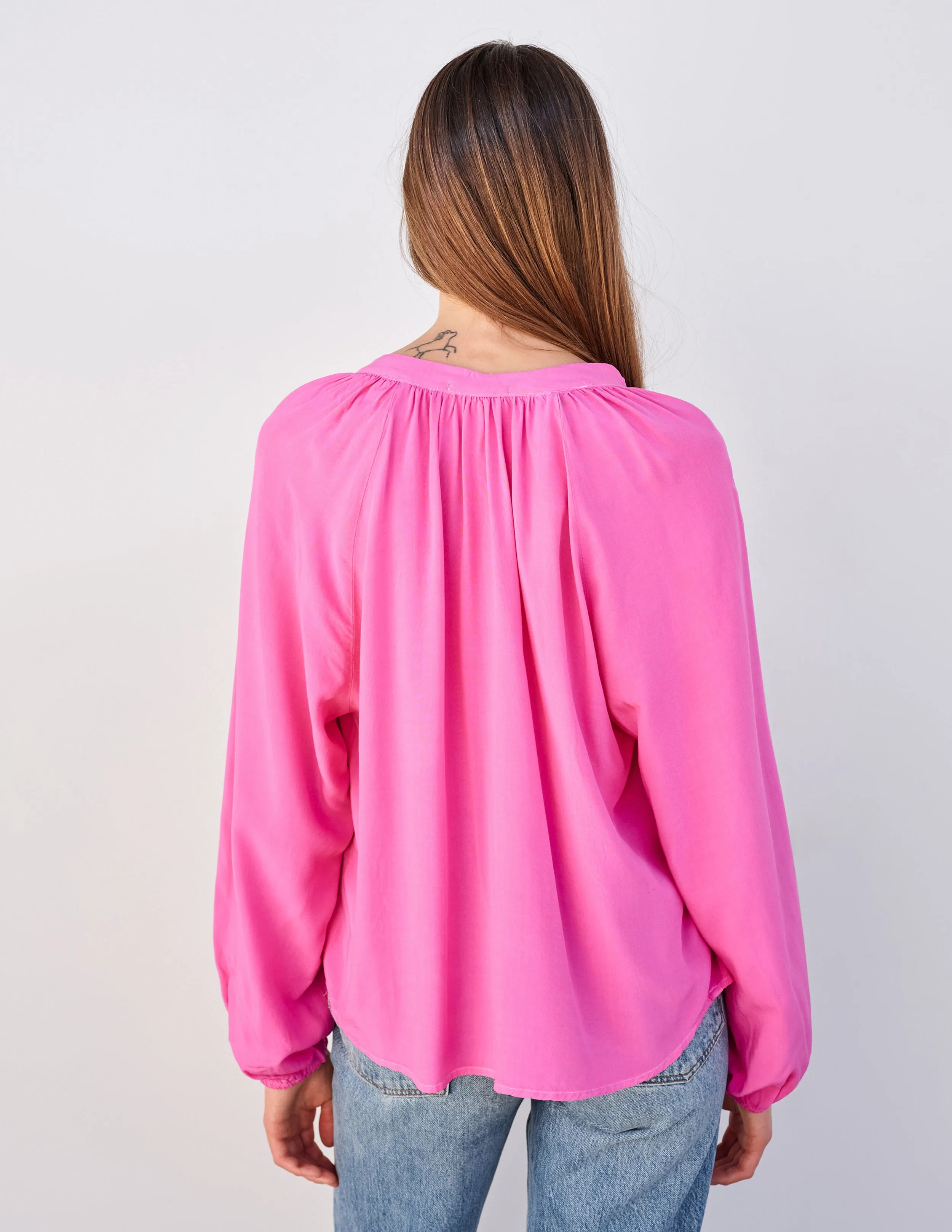 Sundry Smock Waist Wide Leg Pant & Long Sleeve Flowy Blouse Set in Magenta