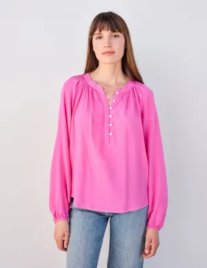 Sundry Smock Waist Wide Leg Pant & Long Sleeve Flowy Blouse Set in Magenta